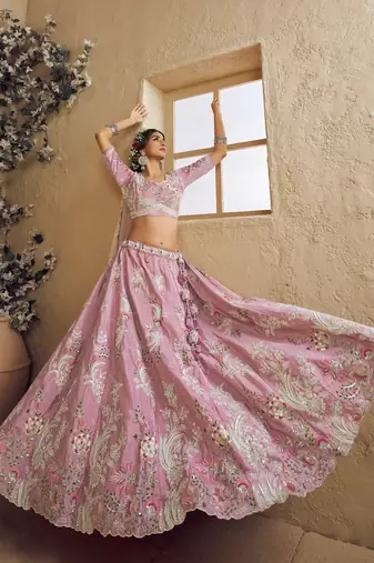 Pink Satin Silk Sequins embroidery Semi Stitched Lehenga choli Dupatta