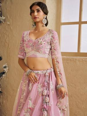 Pink Satin Silk Sequins embroidery Semi Stitched Lehenga choli Dupatta 6