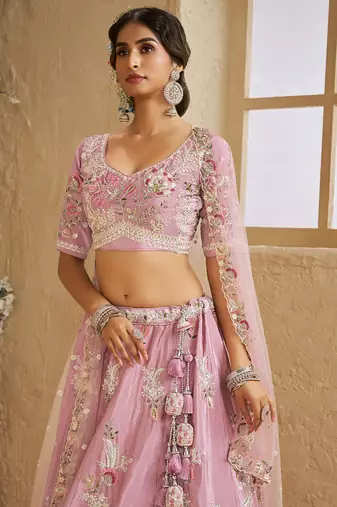 Pink Satin Silk Sequins embroidery Semi Stitched Lehenga choli Dupatta