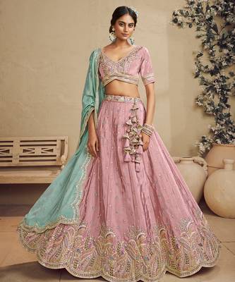 Pink Satin Silk Sequins embroidery Semi Stitched Lehenga choli Dupatta 1