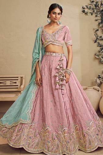 Pink Satin Silk Sequins embroidery Semi Stitched Lehenga choli Dupatta