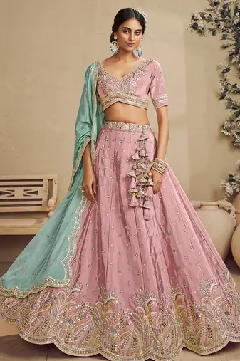 Pink Satin Silk Sequins embroidery Semi Stitched Lehenga choli Dupatta