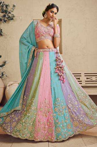 Turquoise Blue Georgette Golden Sequin Thread Coding Embroidered Semi Stitched Lehenga choli