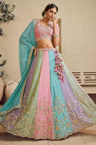 Turquoise Blue Georgette Golden Sequin Thread Coding Embroidered Semi Stitched Lehenga choli