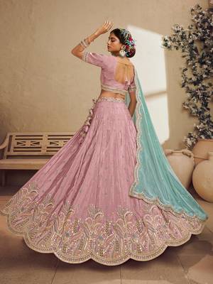 Pink Satin Silk Sequins embroidery Semi Stitched Lehenga choli Dupatta 2