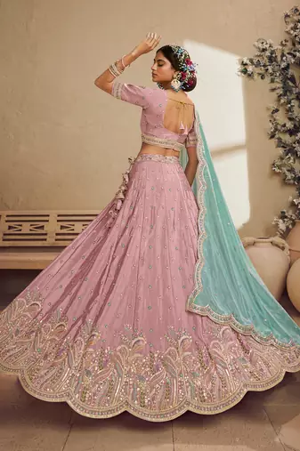 Pink Satin Silk Sequins embroidery Semi Stitched Lehenga choli Dupatta