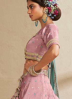 Pink Satin Silk Sequins embroidery Semi Stitched Lehenga choli Dupatta 3