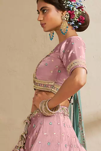 Pink Satin Silk Sequins embroidery Semi Stitched Lehenga choli Dupatta
