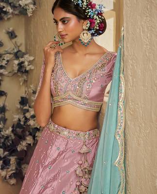 Pink Satin Silk Sequins embroidery Semi Stitched Lehenga choli Dupatta 4