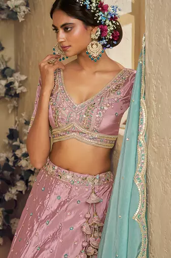 Pink Satin Silk Sequins embroidery Semi Stitched Lehenga choli Dupatta