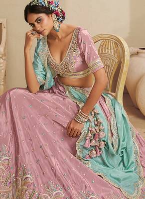 Pink Satin Silk Sequins embroidery Semi Stitched Lehenga choli Dupatta 5
