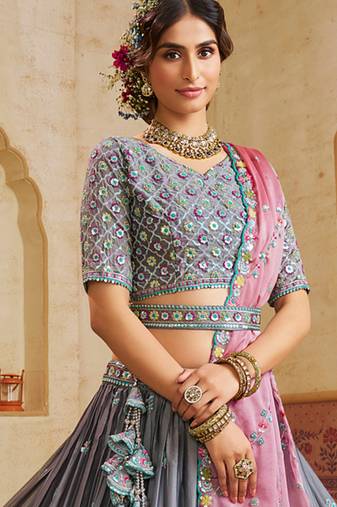 Grey Silk Sequins embroidery Semi Stitched Lehenga choli Dupatta