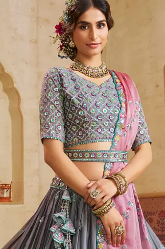 Grey Silk Sequins embroidery Semi Stitched Lehenga choli Dupatta