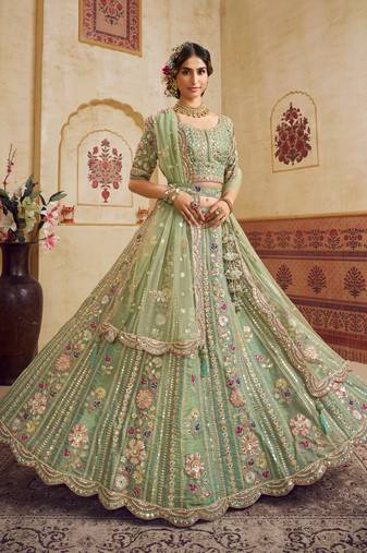 Green Bridal Net Sequins embroidery Semi Stitched Lehenga choli Dupatta