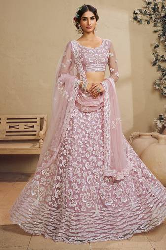 Pink Net Sequins embroidery Semi Stitched Lehenga choli Dupatta