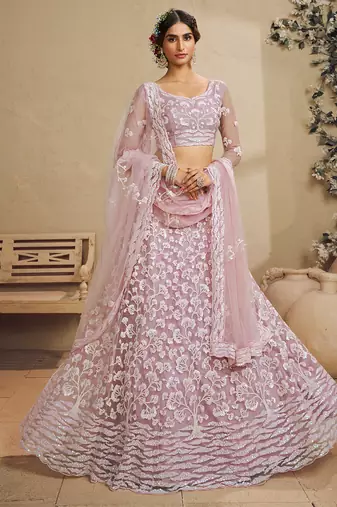 Pink Net Sequins embroidery Semi Stitched Lehenga choli Dupatta