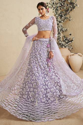 Lavender Net Sequins embroidery Semi Stitched Lehenga choli Dupatta