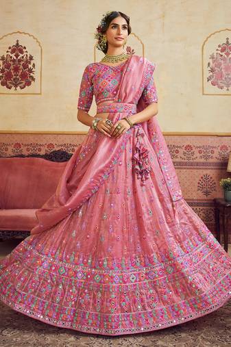 Pink Organza Sequins embroidery Semi Stitched Lehenga choli Dupatta