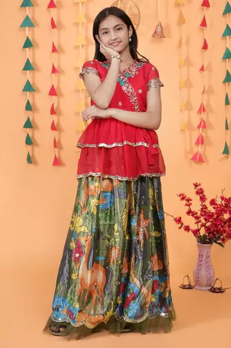 Trendy Georgette Kediya Style Embroidery And Digital Printed Green Readymade Lehenga Choli