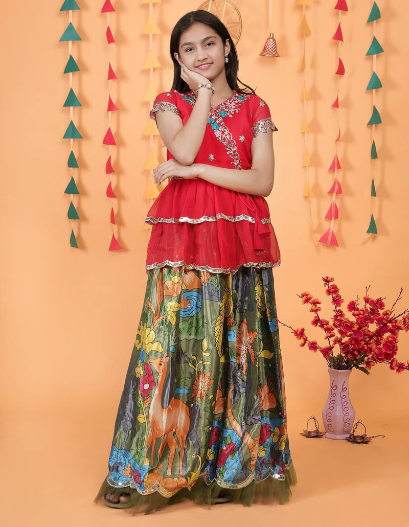 Trendy Georgette Kediya Style Embroidery And Digital Printed Green Readymade Lehenga Choli