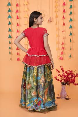 Trendy Georgette Kediya Style Embroidery And Digital Printed Green Readymade Lehenga Choli 3