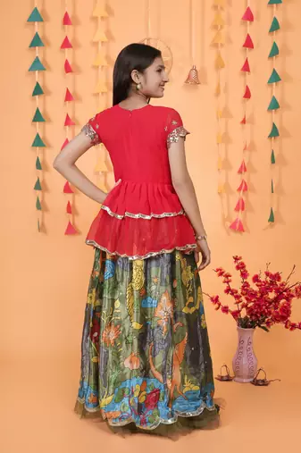 Trendy Georgette Kediya Style Embroidery And Digital Printed Green Readymade Lehenga Choli
