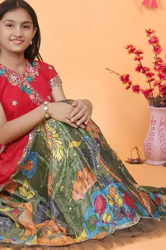 Trendy Georgette Kediya Style Embroidery And Digital Printed Green Readymade Lehenga Choli