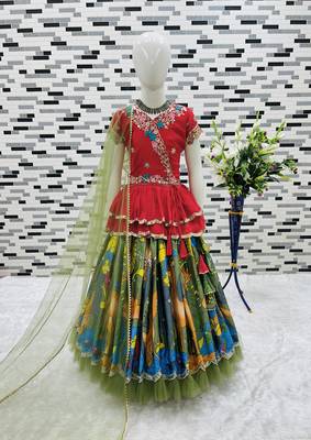 Trendy Georgette Kediya Style Embroidery And Digital Printed Green Readymade Lehenga Choli 5