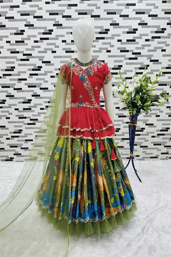 Trendy Georgette Kediya Style Embroidery And Digital Printed Green Readymade Lehenga Choli