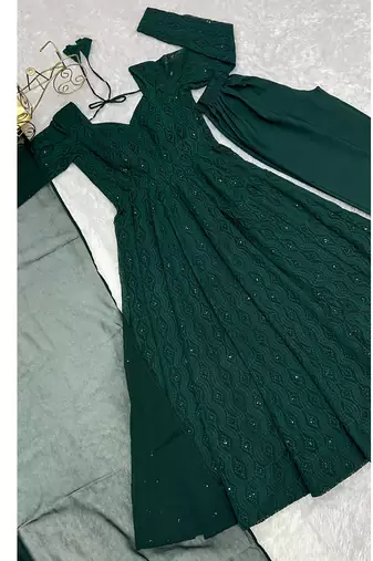 Green faux georgette lukhnowi sequin work anarkali set