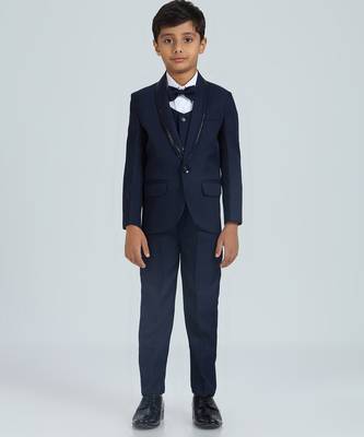 sequence suit set full sleeves blazer, shirt, pant and waist coat with bow tie - navy blue 1