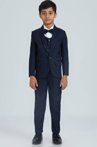 sequence suit set full sleeves blazer, shirt, pant and waist coat with bow tie - navy blue