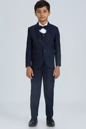sequence suit set full sleeves blazer, shirt, pant and waist coat with bow tie - navy blue