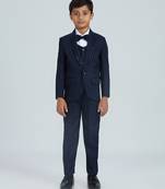 sequence suit set full sleeves blazer, shirt, pant and waist coat with bow tie - navy blue