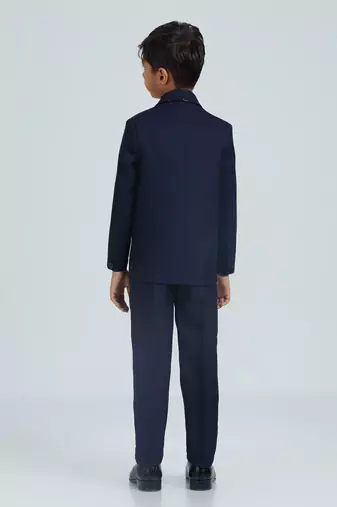 sequence suit set full sleeves blazer, shirt, pant and waist coat with bow tie - navy blue