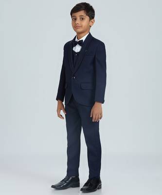 sequence suit set full sleeves blazer, shirt, pant and waist coat with bow tie - navy blue 3