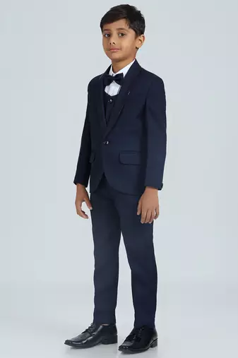 sequence suit set full sleeves blazer, shirt, pant and waist coat with bow tie - navy blue