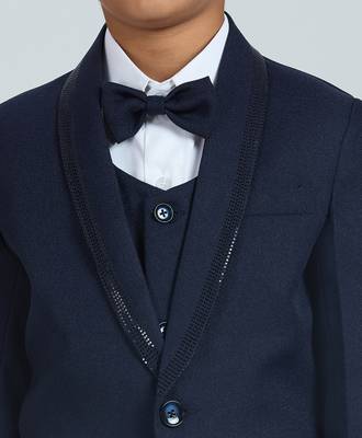 sequence suit set full sleeves blazer, shirt, pant and waist coat with bow tie - navy blue 4