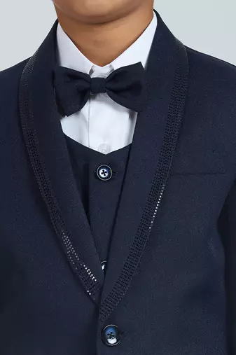 sequence suit set full sleeves blazer, shirt, pant and waist coat with bow tie - navy blue