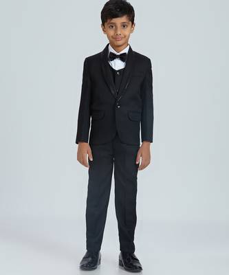 sequence suit set full sleeves blazer, shirt, pant and waist coat with bow tie - black 1
