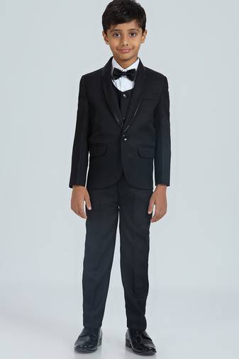 sequence suit set full sleeves blazer, shirt, pant and waist coat with bow tie - black