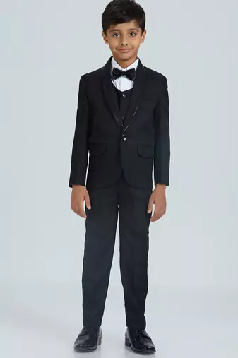 sequence suit set full sleeves blazer, shirt, pant and waist coat with bow tie - black