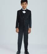 sequence suit set full sleeves blazer, shirt, pant and waist coat with bow tie - black