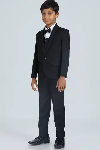 sequence suit set full sleeves blazer, shirt, pant and waist coat with bow tie - black