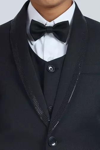 sequence suit set full sleeves blazer, shirt, pant and waist coat with bow tie - black