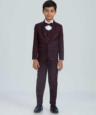 gentleman   s charm in sequence suit set full sleeves blazer, shirt, pant and waist coat with bow tie - wine 1