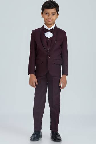 gentleman   s charm in sequence suit set full sleeves blazer, shirt, pant and waist coat with bow tie - wine