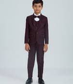 gentleman   s charm in sequence suit set full sleeves blazer, shirt, pant and waist coat with bow tie - wine