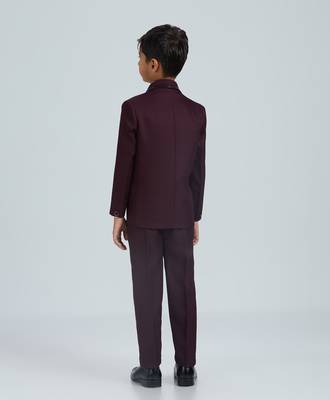 gentleman   s charm in sequence suit set full sleeves blazer, shirt, pant and waist coat with bow tie - wine 2