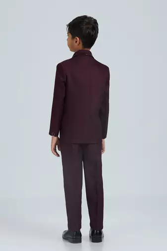 gentleman   s charm in sequence suit set full sleeves blazer, shirt, pant and waist coat with bow tie - wine